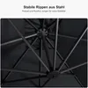 Close-up view of the internal structure of a black umbrella, showing the metal ribs and central pole. Produktbild-Vorschau