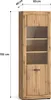 A tall, narrow wooden display cabinet with glass shelves and a solid door at the bottom, shown with dimensions indicated. Produktbild-Vorschau