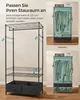 A product image showing a clothing rack with adjustable shelves and two fabric drawers, alongside marketing images demonstrating different configurations of a wardrobe with a cover. Produktbild-Vorschau