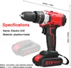 A red and black electric drill with specifications and battery information displayed. Náhled obrázku produktu
