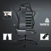 A split image of a gaming chair, showing both the upholstered side and the internal frame structure, with callouts for specific features. Produktbild-Vorschau