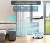 A mobile air cooler is shown in a living room setting, with graphics illustrating its features and settings. Produktbild-Vorschau
