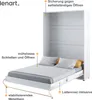 A white wall bed is shown in its open position, with a mattress and pillows on it. Text labels point to various features of the bed. Produktbild-Vorschau