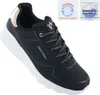 A black Skechers sneaker with white soles and gold accents, shown from a side-angle. Two small informational graphics are present in the upper right corner. Voir les images du produit