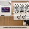 A modern kitchen setting with a TV mounted on the wall, surrounded by icons detailing various connection options. Voir les images du produit
