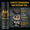 A spray can of 'Easy Grill' grill spray is shown alongside images demonstrating its effectiveness against sticking, burning, and scrubbing/scratching. Produktbild-Vorschau
