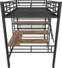 A loft bed with a desk and shelves, shown from the front. Náhľad obrázku produktu