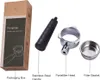 A product shot of a portafilter set and its packaging, with labels indicating the components. Podgląd zdjęcia produktu