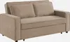 A beige sofa bed is shown from the front on a white background.
