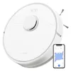A white robot vacuum cleaner is shown next to a smartphone displaying a cleaning map. Voir les images du produit