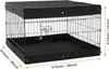 A black metal dog crate with a black fabric cover and dimensions indicated by orange arrows and text. Voir les images du produit