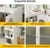 A collage of four close-up images showcasing details of a white bar table. Produktbild-Vorschau