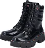 A pair of black patent leather combat boots with a platform sole and colorful stitching. Anteprima dell’immagine prodotto