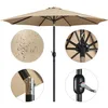 A collage of close-up images showing details of a beige patio umbrella, including its fabric texture with water droplets, the umbrella's internal structure, a joint mechanism, and a crank mechanism. Produktbild-Vorschau