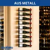 A metal wine rack mounted on a wall, holding several bottles of wine. The background shows a blurred interior with more bottles and warm lighting. Produktbild-Vorschau