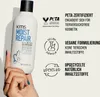 A hand holding a bottle of KMS Moist Repair Shampoo, with various certifications and descriptions displayed around it. Voir les images du produit