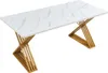 A rectangular dining table with a white marble-look top and a gold geometric base, presented against a white background. Produktbild-Vorschau