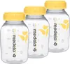 Three clear plastic milk bottles with yellow caps and yellow droplet graphics are arranged in a row. Podgląd zdjęcia produktu
