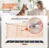 A dog and a person in the background, with a close-up of a wooden pet ramp and its locking mechanism. Produktbild-Vorschau