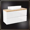 A white bathroom vanity with a wooden top and a white sink on top, set against a black background. Náhľad obrázku produktu