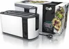 A white and black toaster with its packaging. Voir les images du produit