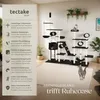A large cat tree with multiple levels, platforms, and hiding spots, set up in a living room environment with a cat on it. The left side of the image features a vertical panel with text and icons describing the product's features. Náhled obrázku produktu