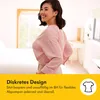 A woman is shown from the side in a room, wearing a pink shirt and beige pants. A yellow banner at the bottom contains text and an icon. Voir les images du produit