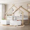 A child's bedroom with a house-shaped loft bed, storage boxes, and toys. Voir les images du produit