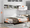 A white murphy bed frame is shown in its open position, with a mattress and bedding. The bed is part of a larger cabinet unit with shelves above. Dimensions and specifications are overlaid on the image. Podgląd zdjęcia produktu