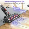 A cordless vacuum cleaner head on a carpet and wooden floor, demonstrating different suction power levels. Voir les images du produit