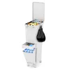 A white, multi-compartment trash can with its lid open, filled with trash. A black trash bag hangs from the side, and a lower drawer contains bottles. Voir les images du produit
