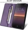 A purple flip wallet phone case is open, showing card slots and a phone inside. Produktbild-Vorschau