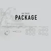 A graphic illustrating the contents of a product package, featuring an earbud, a cable, and various silicone ear tips, set against a stylized background with a pagoda and bamboo. Produktbild-Vorschau