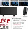 A collage of images showing a digital alarm clock with projection, its dimensions, and technical specifications. Produktbild-Vorschau