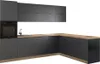 A modern, L-shaped kitchen unit with dark grey cabinets and a light wood countertop. Produktbild-Vorschau