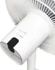A close-up view of the control panel and top of a white stand fan. Voir les images du produit