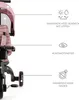 A close-up side view of a pink children's tricycle with informational graphics and text overlays highlighting its features. Voir les images du produit