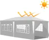 A gray tent with windows and curtains, under a sun icon with arrows indicating UV protection. Produktbild-Vorschau