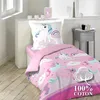 A unicorn-themed bedding set laid out on a bed, with a pillow and duvet cover featuring unicorn and rainbow designs. Produktbild-Vorschau