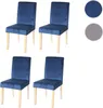Four blue velvet dining chairs with light wooden legs are displayed against a white background. Two color swatches, one blue and one gray, are shown in the upper right corner. Produktbild-Vorschau