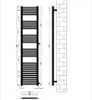 A technical drawing of a black radiator with dimensions and mounting details, shown next to a brick wall. Produktbild-Vorschau