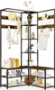 A corner coat rack with shelves and a bench, displaying various items like hats, coats, bags, shoes, and decorative objects. Podgląd zdjęcia produktu