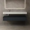 A modern bathroom vanity with a white sink and anthracite drawers against a gray marble wall. Produktbild-Vorschau