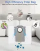 A vacuum cleaner dust bag with illustrations of different types of particles it can filter. Produktbild-Vorschau