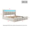 A diagram of a bed with dimensions and measurements indicated by numbers and lines. The bed is upholstered in beige fabric and has a headboard with integrated LED lighting. Náhled obrázku produktu