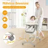 A woman is pushing a baby in a high chair. There are feature callouts on the left side of the image. Náhled obrázku produktu