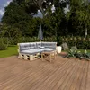 An outdoor seating area with a pallet sofa and coffee table on a wooden deck, surrounded by greenery. Produktbild-Vorschau