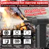 A black electric dust blower is shown in front of a campfire, with various features highlighted with icons and text. Náhled obrázku produktu