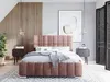 A bedroom scene featuring a pink upholstered bed with a wooden slatted wall behind it. Produktbild-Vorschau