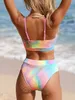 Damen Bikini Set U Ausschnitt High Waist Batik Regenbogen Produktbild-Vorschau 2